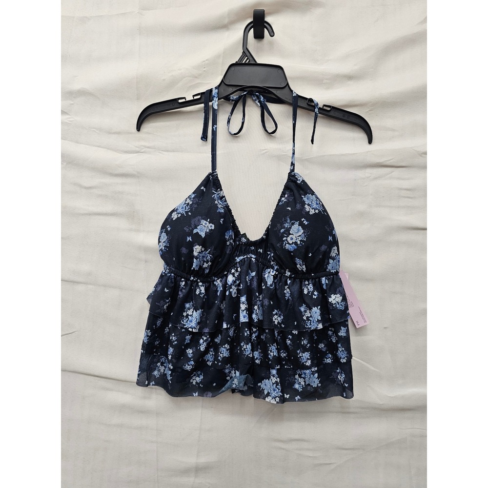 Wild Fable Womens Floral Ruffle Halter Bikini Top Navy Polyester Size Small